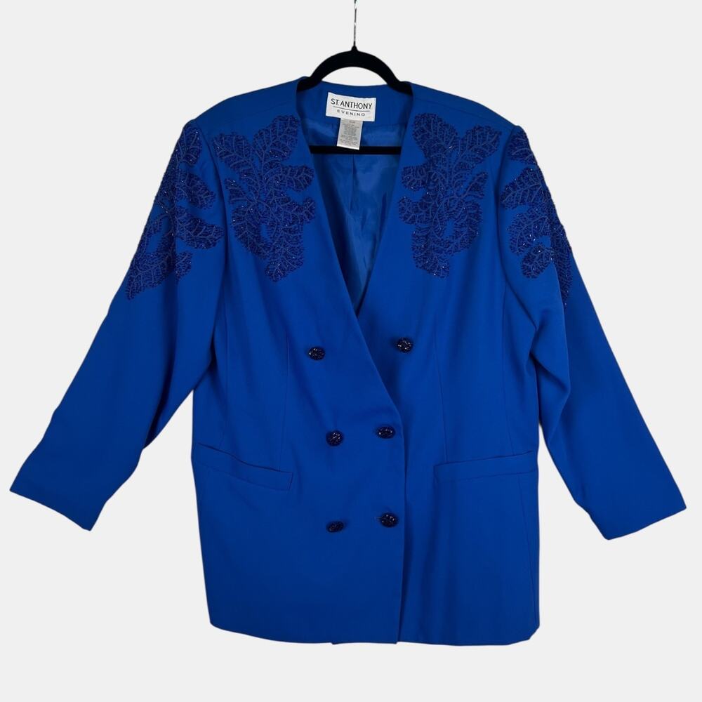Vintage St Anthony Beaded‎ Blazer 80s Evening Jacket Blue 20W Plus